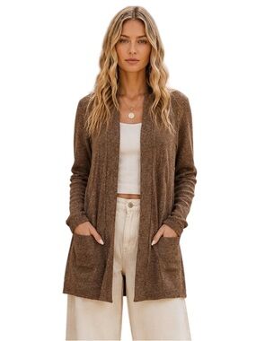 Zenana Chocolate Brown Ribbed Sweater Open front with Pockets Cardigan